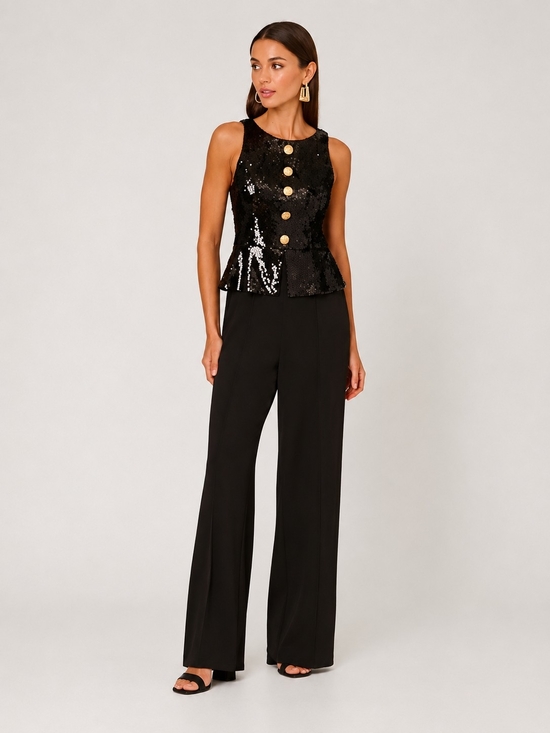 Adrianna Papell Pants - Adrianna Papell Black Sequin Peplum Jumpsuit Gold Buttons CrewNeck CocktailEvent